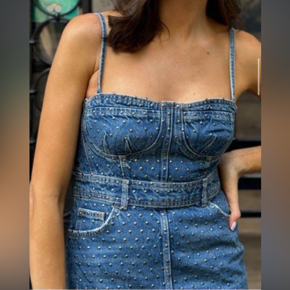 NEW ZARA Denim Dress Bustier Studded Midi Jeans Medium Blue Wash Size XS - Picture 6 of 6